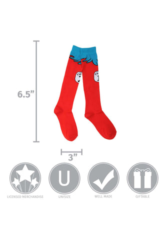 Flat lay of Thing 1 & 2 kids socks showing full 17” length for reference.