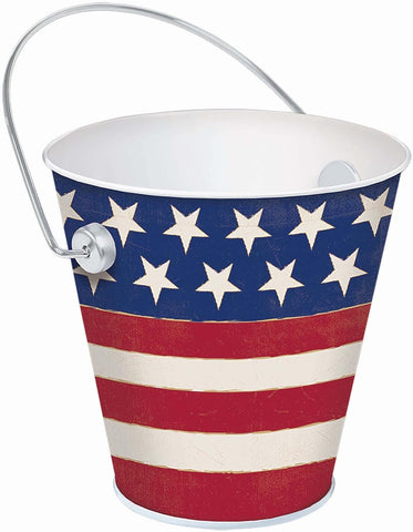 Patriotic Stars and Stripes Metal Bucket with Handle – 4.5-Inch American Flag Decoration for 4th of July, Memorial Day, or Party Favors