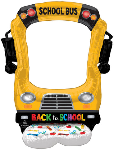 56" Selfie School Bus Airloonz Balloon in Manahawkin, NJ at Party Fair standing inflated as a photo backdrop.