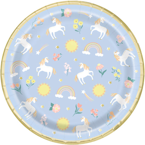 Dainty Unicorn Foil Stamped 9” Round Dinner Plates (8ct) – Elegant Kids’ Birthday Party Plates