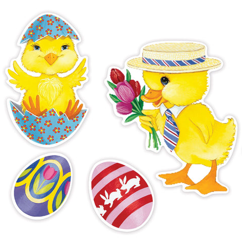 Four of the Easter-themed stickers featuring a chick, duck, and Easter eggs 