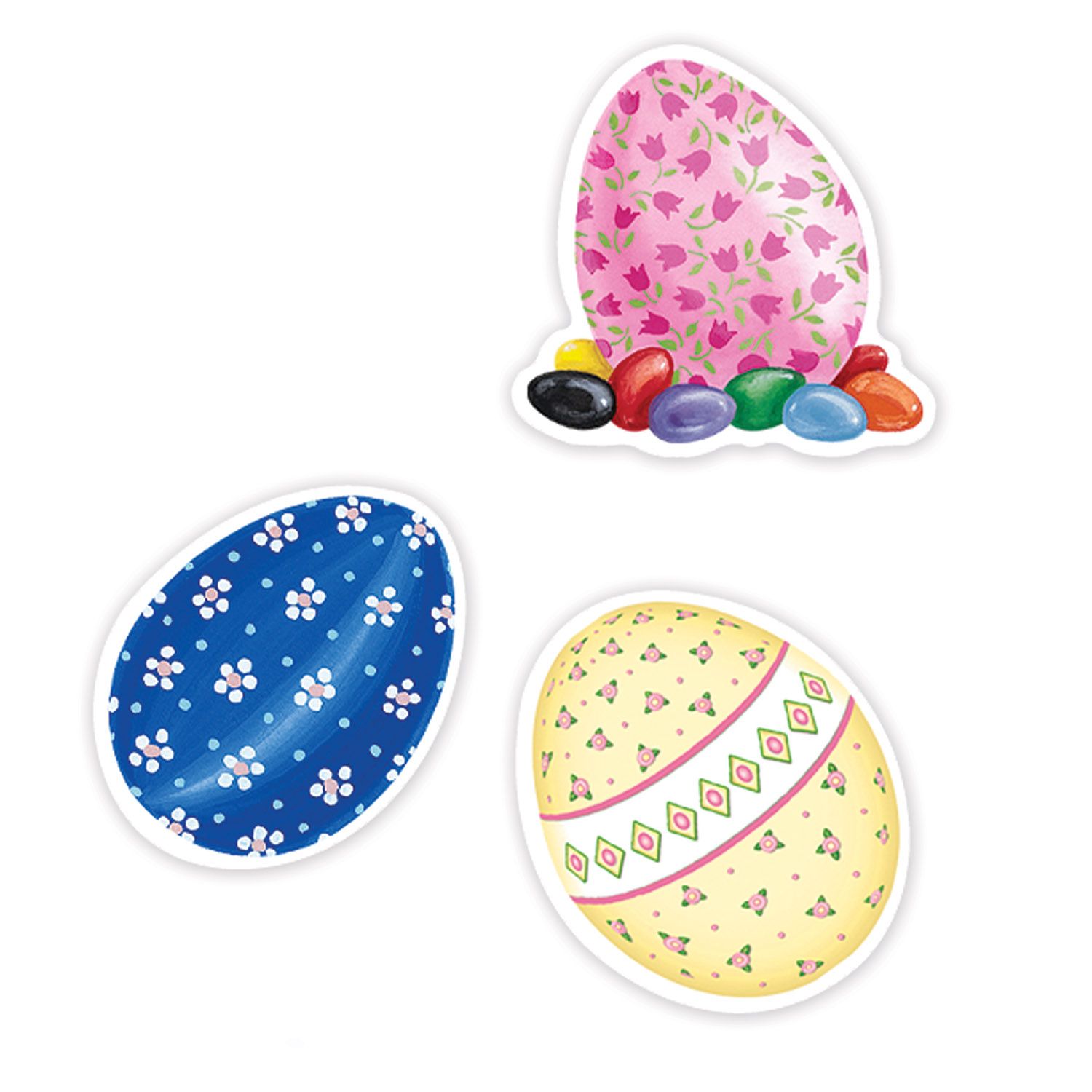 Colorful Easter stickers sheets showing close up of the easter eggs stickers. 