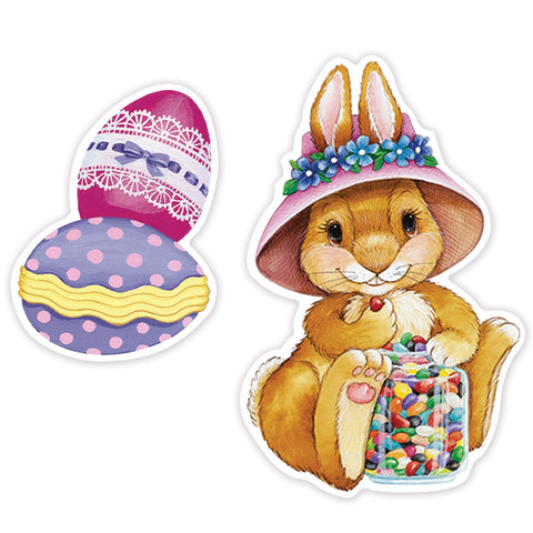 Colorful Easter stickers sheets showing close up of eggs and bunny designed sticker part of the 56 sticker assortment