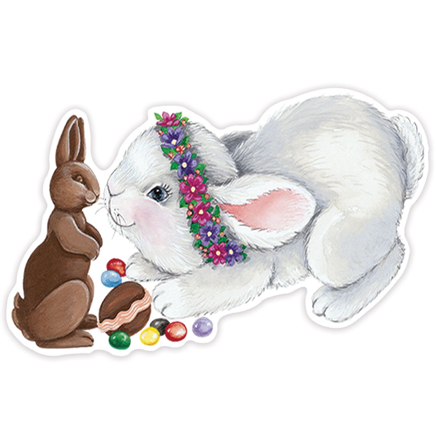 Colorful Easter stickers showing close up of bunny and a chocolate bunny stickers 