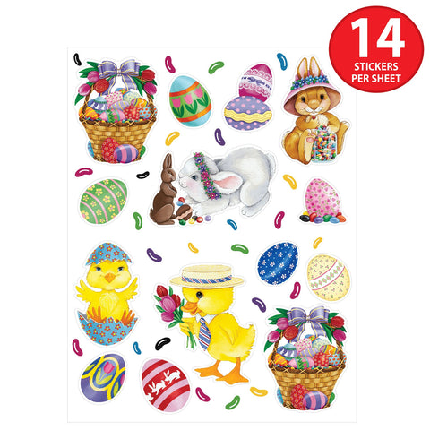 Easter stickers packaging showing 14 assorted designs per sheet 