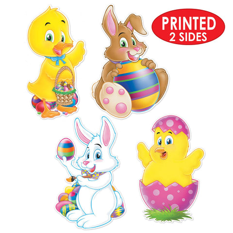 Large Easter bunny and chick cutouts showing double sided print and bright colors for decorating