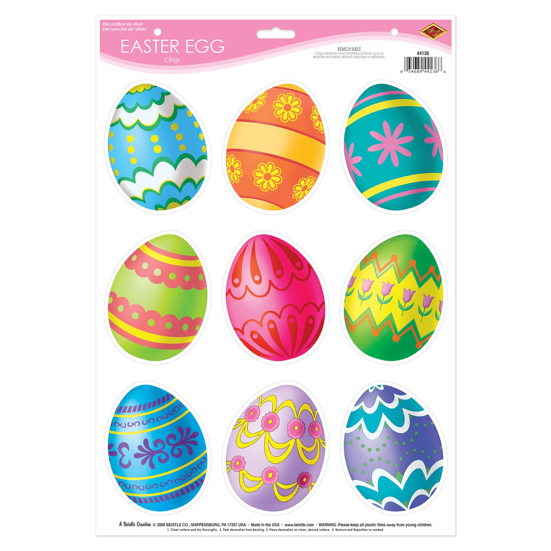 Easter egg clings sheet with 9 designs in retail packaging