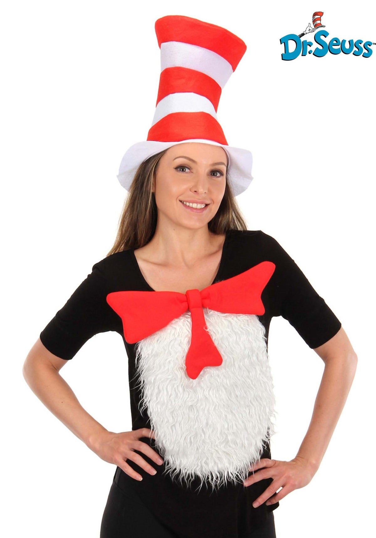 Person Wearing Licensed Dr. Seuss Cat in the Hat deluxe accessory kit with striped hat, bow tie, and chest patch available in Manahawkin, NJ.