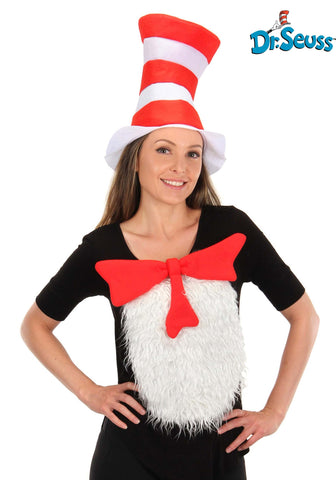 Person Wearing Licensed Dr. Seuss Cat in the Hat deluxe accessory kit with striped hat, bow tie, and chest patch available in Manahawkin, NJ.