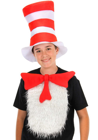 Child wearing licensed Cat in the Hat red and white striped felt hat, foam-backed bow tie, and faux fur chest patch with attachment loop.