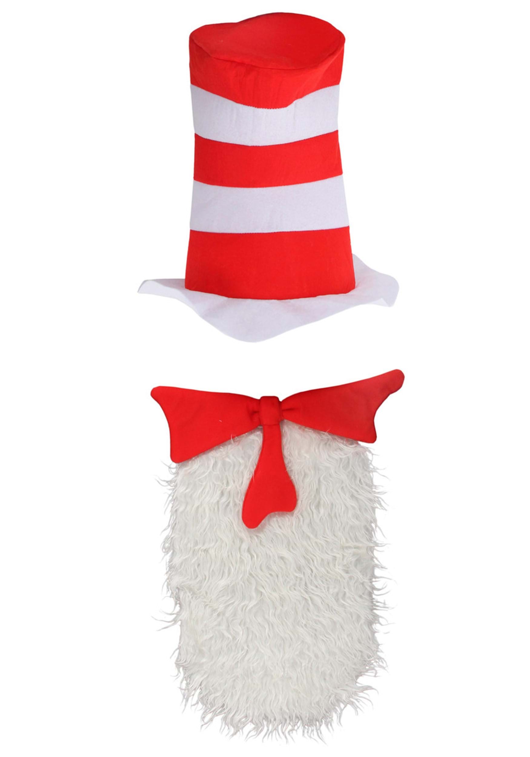Close-up of licensed Cat in the Hat red and white striped felt hat, foam-backed bow tie, and faux fur chest patch with attachment loop.