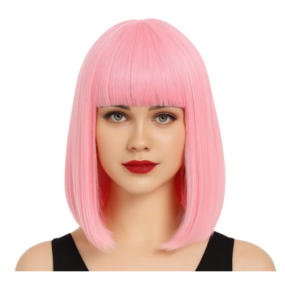 Pink Bob Wig shown from the front, highlighting its vibrant pink color and straight blunt bangs, in Manahawkin, NJ at Party Fair.