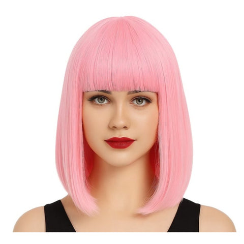 Pink Bob Wig shown from the front, highlighting its vibrant pink color and straight blunt bangs, in Manahawkin, NJ at Party Fair.