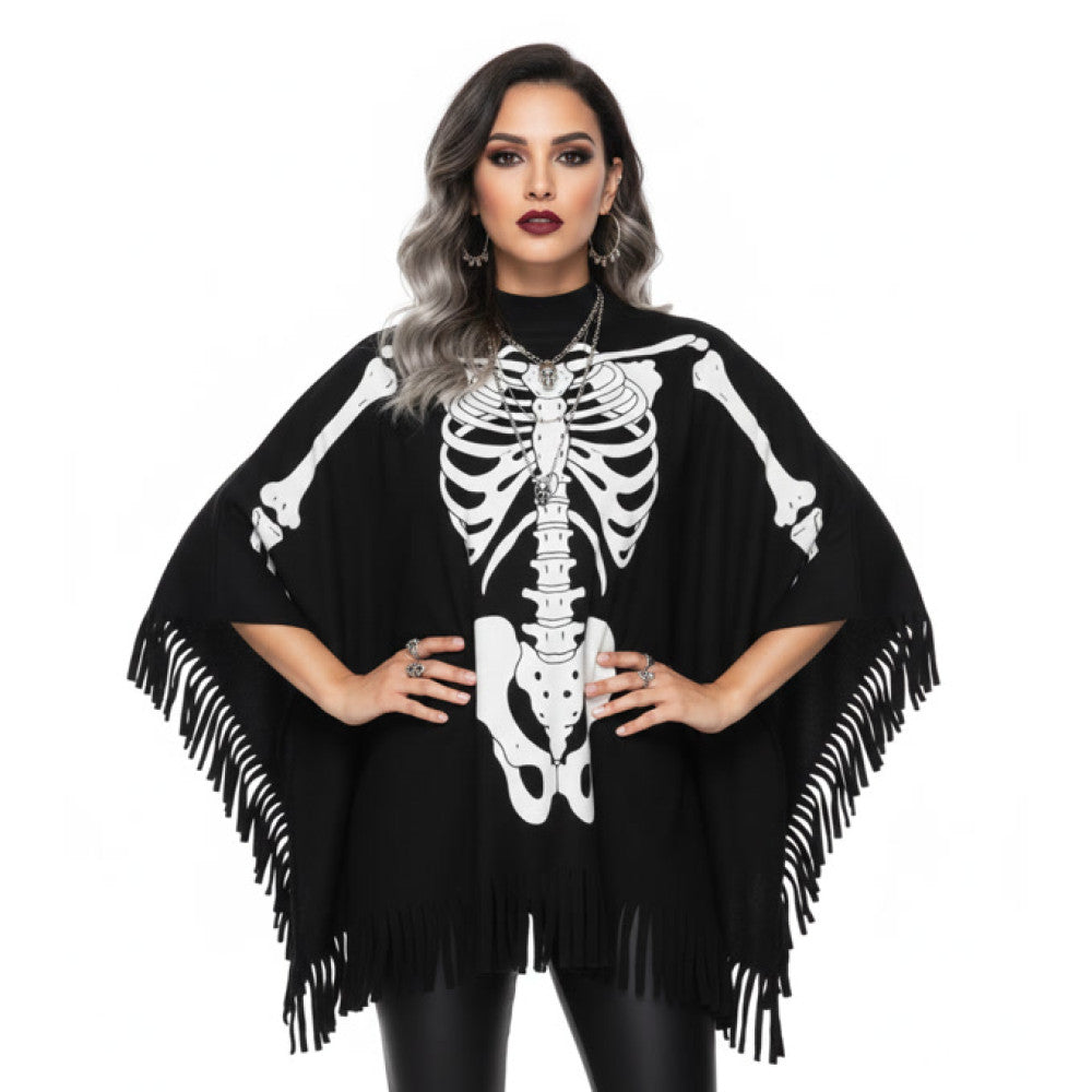 Skeleton Costume Poncho displayed from the front with a spooky skeleton design in Manahawkin, NJ at Party Fair