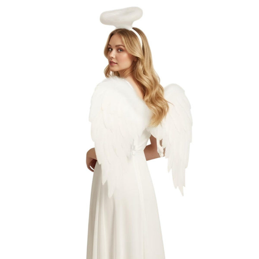Angel Wings and Halo Set in Manahawkin, NJ at Party Fair — white feathered angel wings and halo displayed together as a complete costume accessory set.
