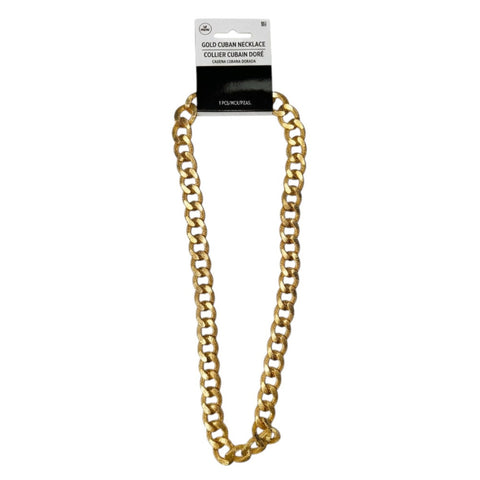Retail packaging for the Deluxe Gold Chain Necklace, showing the packaged gold-colored Cuban-style costume necklace


