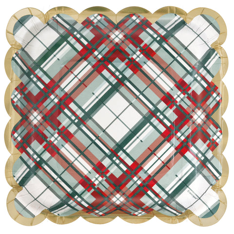 Holly Days Christmas 7” Square Scalloped Edge Dessert Plates – 8ct Foil Stamped | Holiday Party Tableware