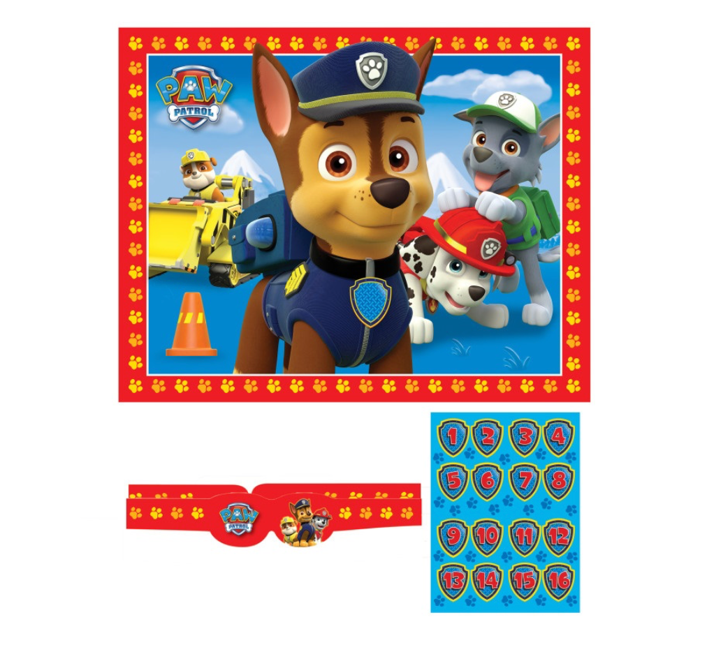 Paw Patrol party game featuring Chase pin game set with blindfold and self stick pieces Party Fair Manahawkin NJ kids birthday activity