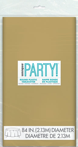 Gold Round Plastic Table Cover 84" – Disposable Tablecloth for Parties, Weddings, Birthdays, Events & Banquets – 1 Pack