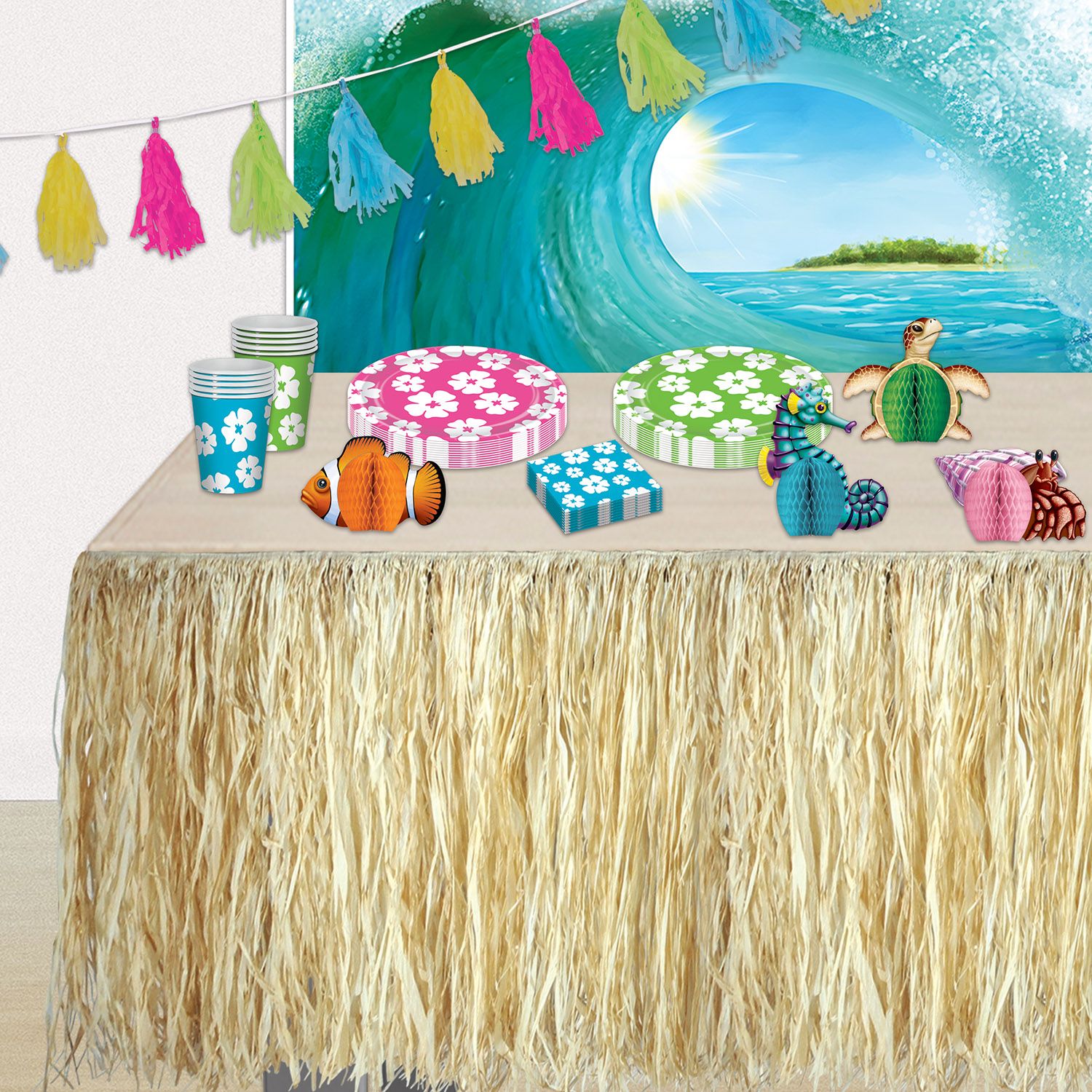 Mini centerpieces featuring sea turtle seahorse fish and hermit crab for beach party table setup