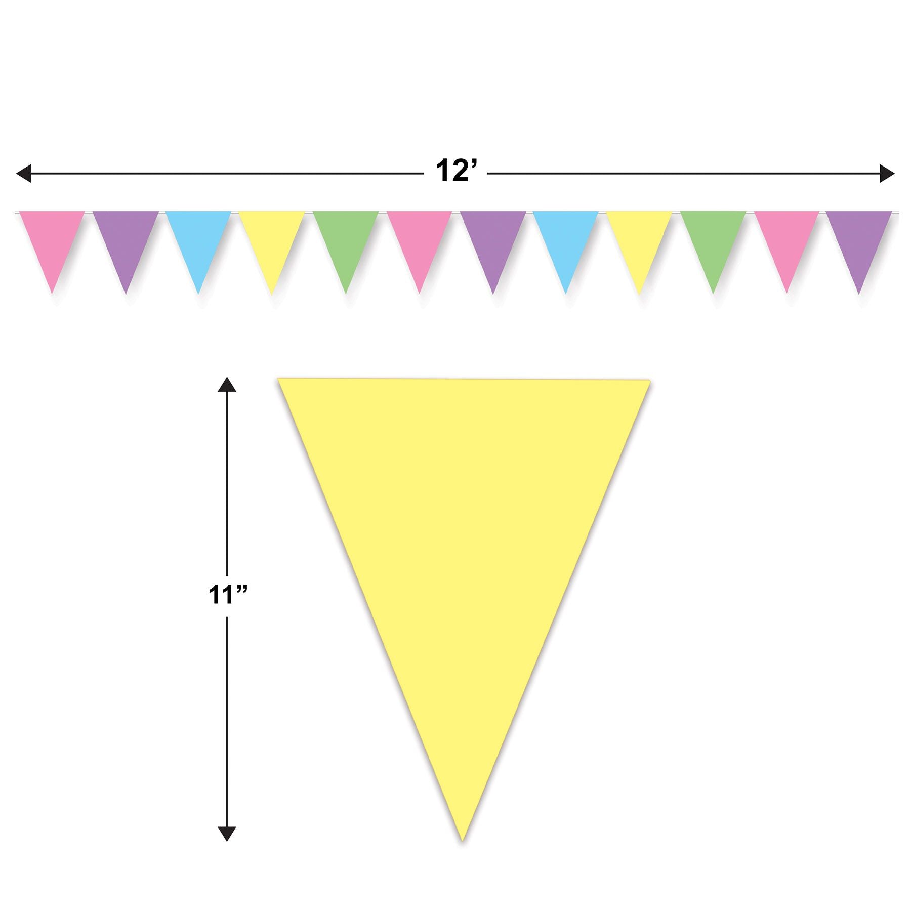 11 inch pennants on 12 foot banner displayed for size and scale reference