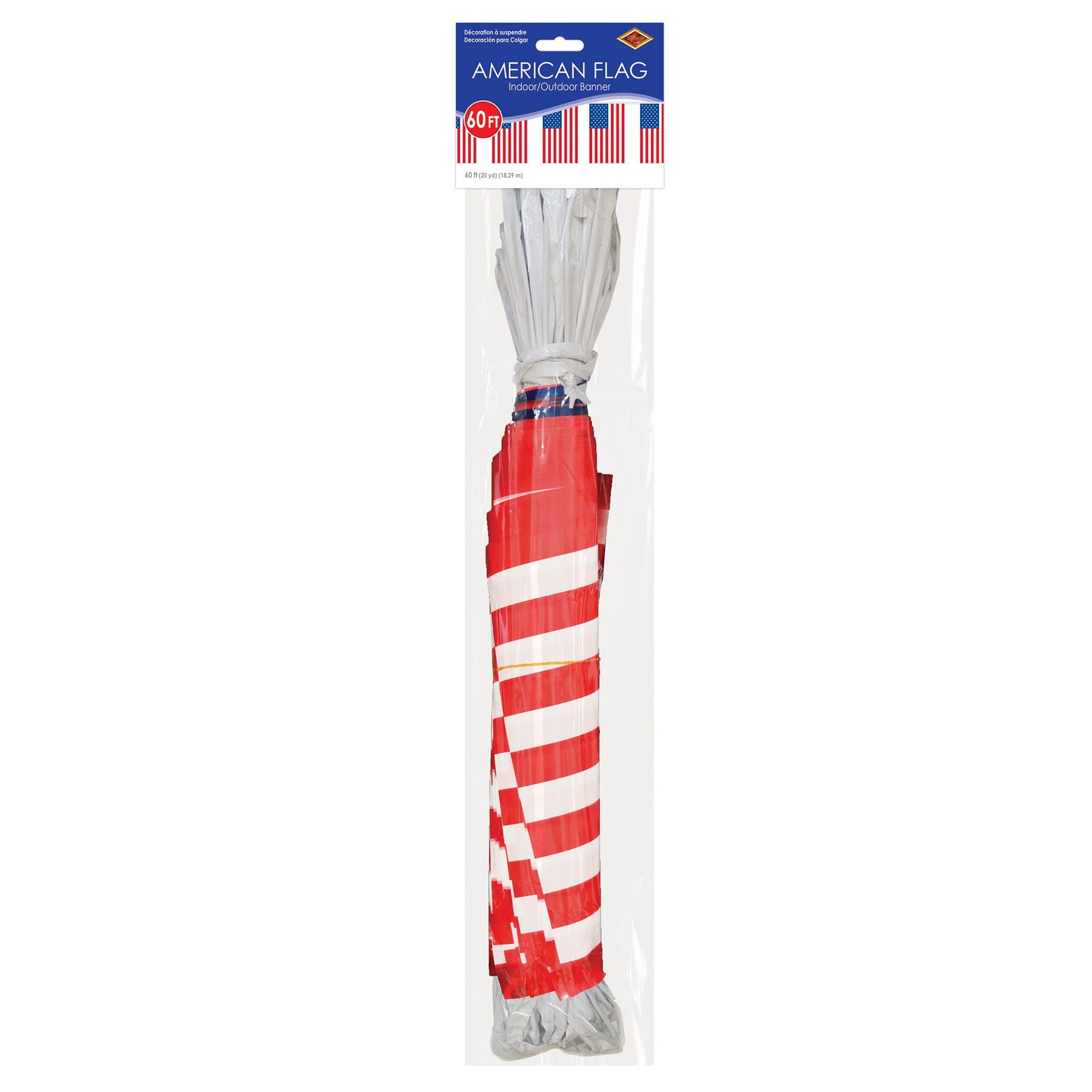 Retail packaging for all-weather American flag pennant banner with 30 flags