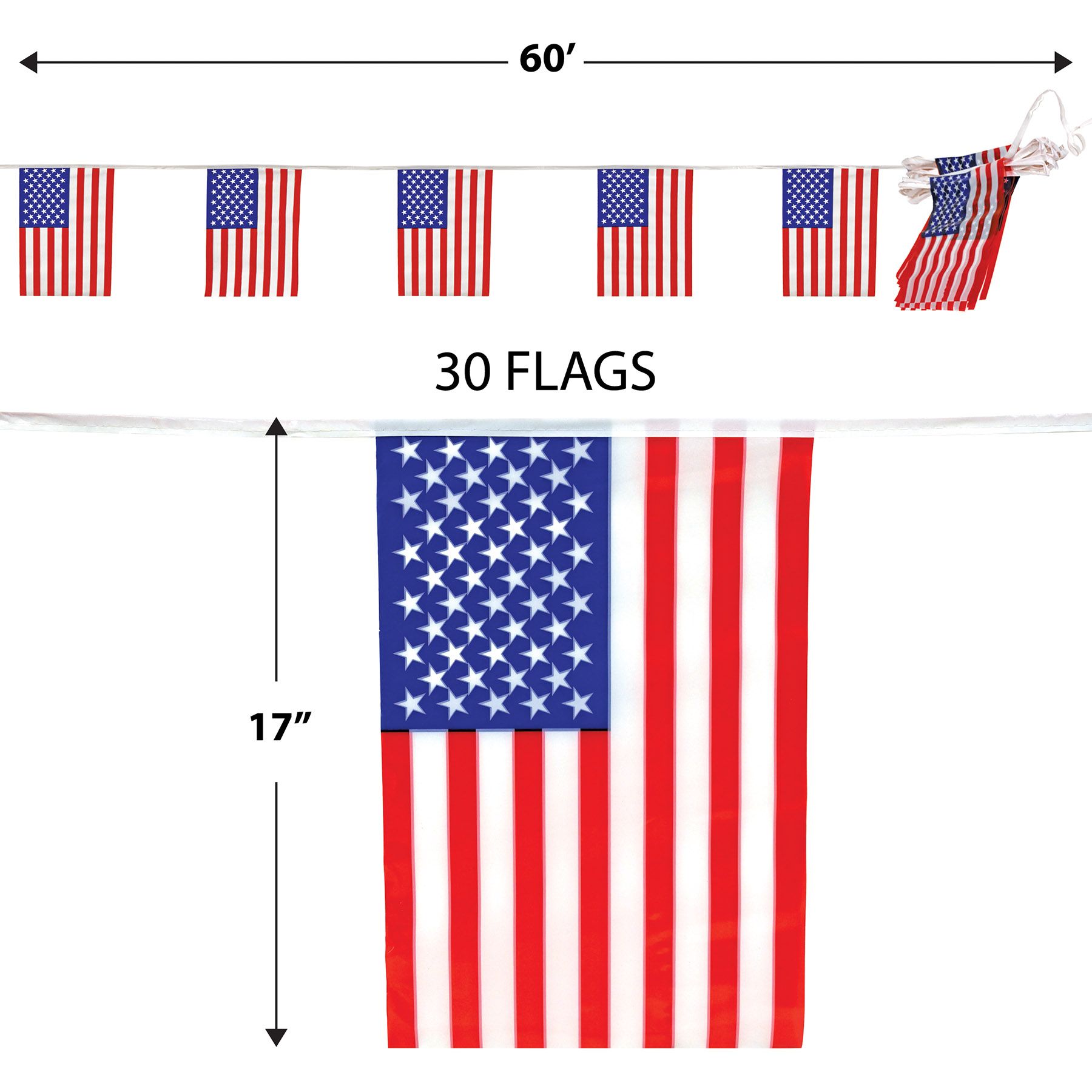 American Flag Pennant Banner displaying dimensions.   