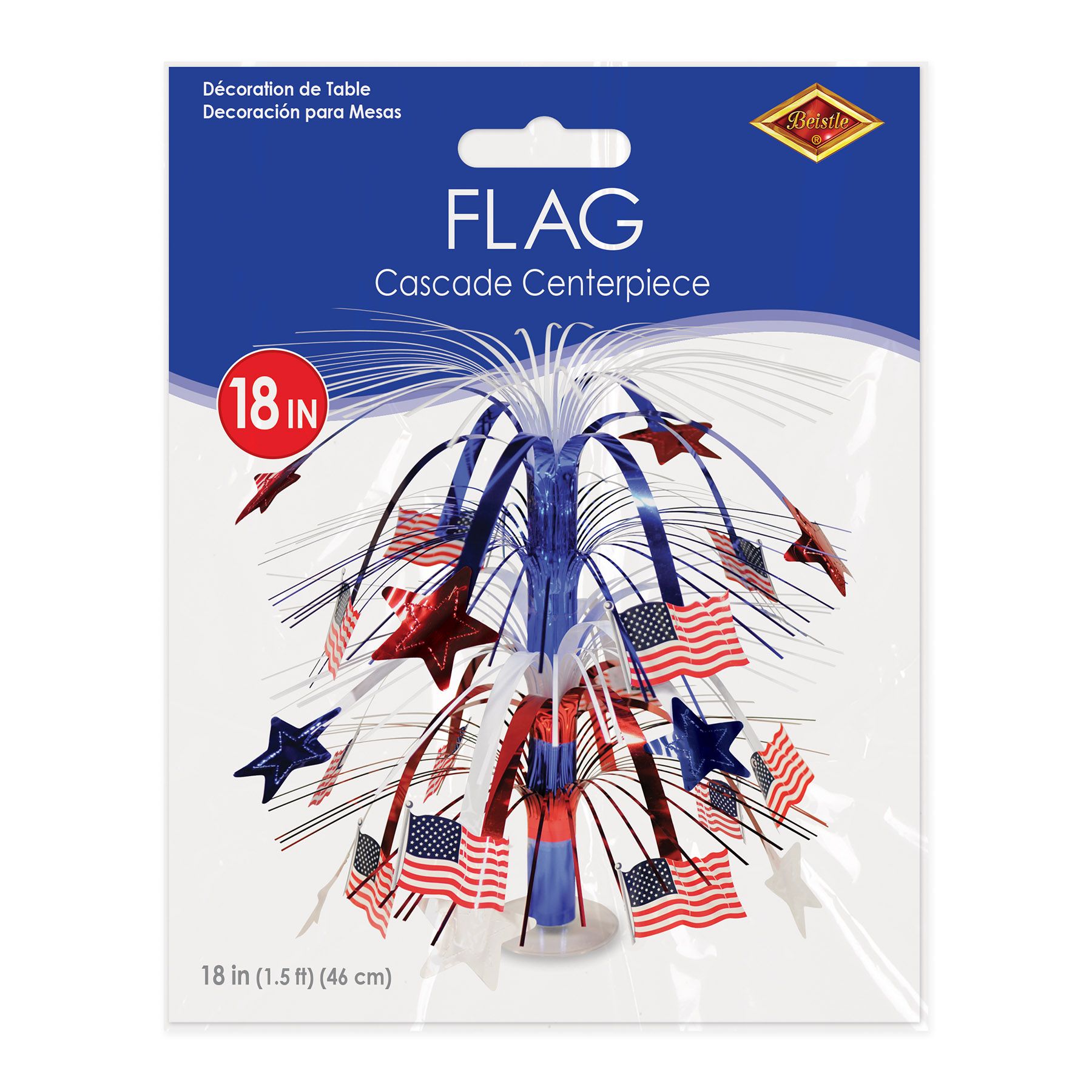 Retail packaging for patriotic flag cascade centerpiece metallic and boardstock decoration