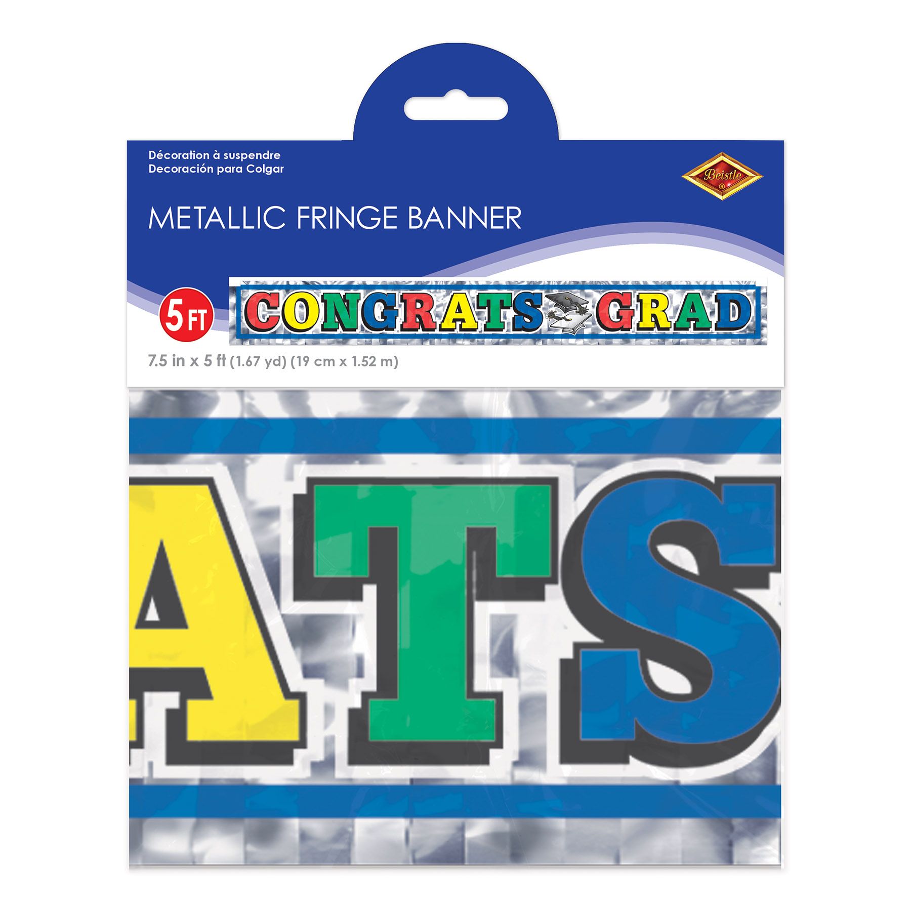 Metallic Congrats Grad graduation banner folded inside retail packaging showing 7.5 inch by 5 foot size details