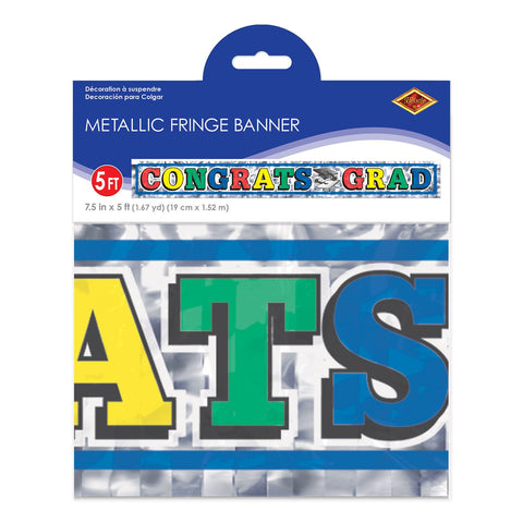 Metallic Congrats Grad graduation banner folded inside retail packaging showing 7.5 inch by 5 foot size details