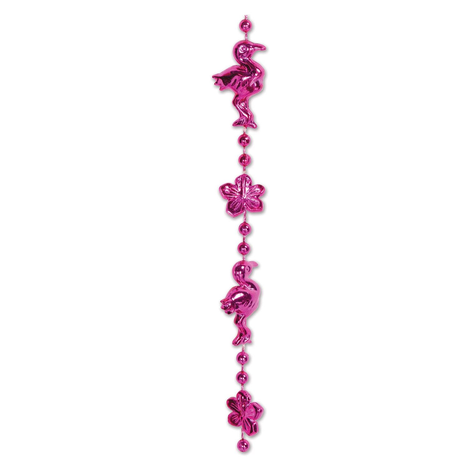 Close-up of flamingo and hibiscus bead necklace design and bright pink color