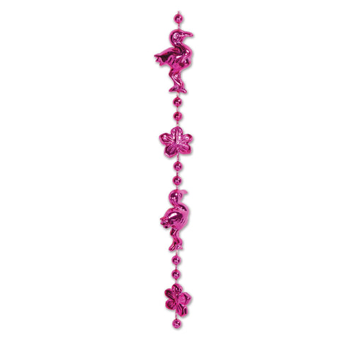 Close-up of flamingo and hibiscus bead necklace design and bright pink color