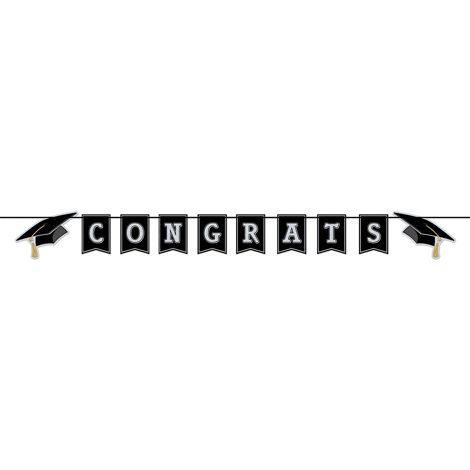 Black and silver Congrats Grad banner 6 feet long graduation party decoration available in Manahawkin, NJ