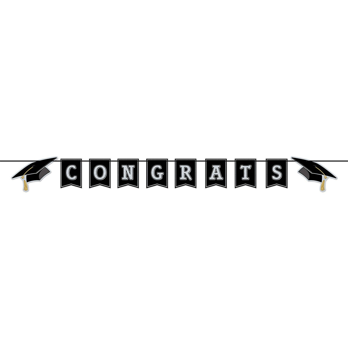 Black and silver Congrats Grad banner 6 feet long graduation party decoration available in Manahawkin, NJ