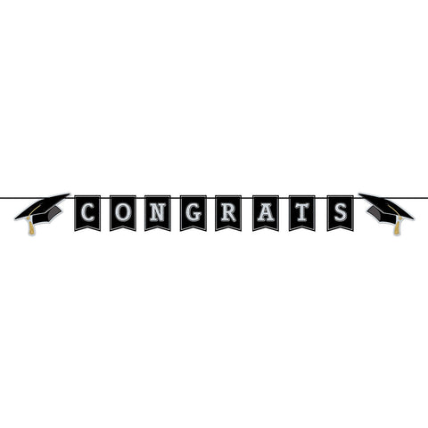 Black and silver Congrats Grad banner 6 feet long graduation party decoration available in Manahawkin, NJ