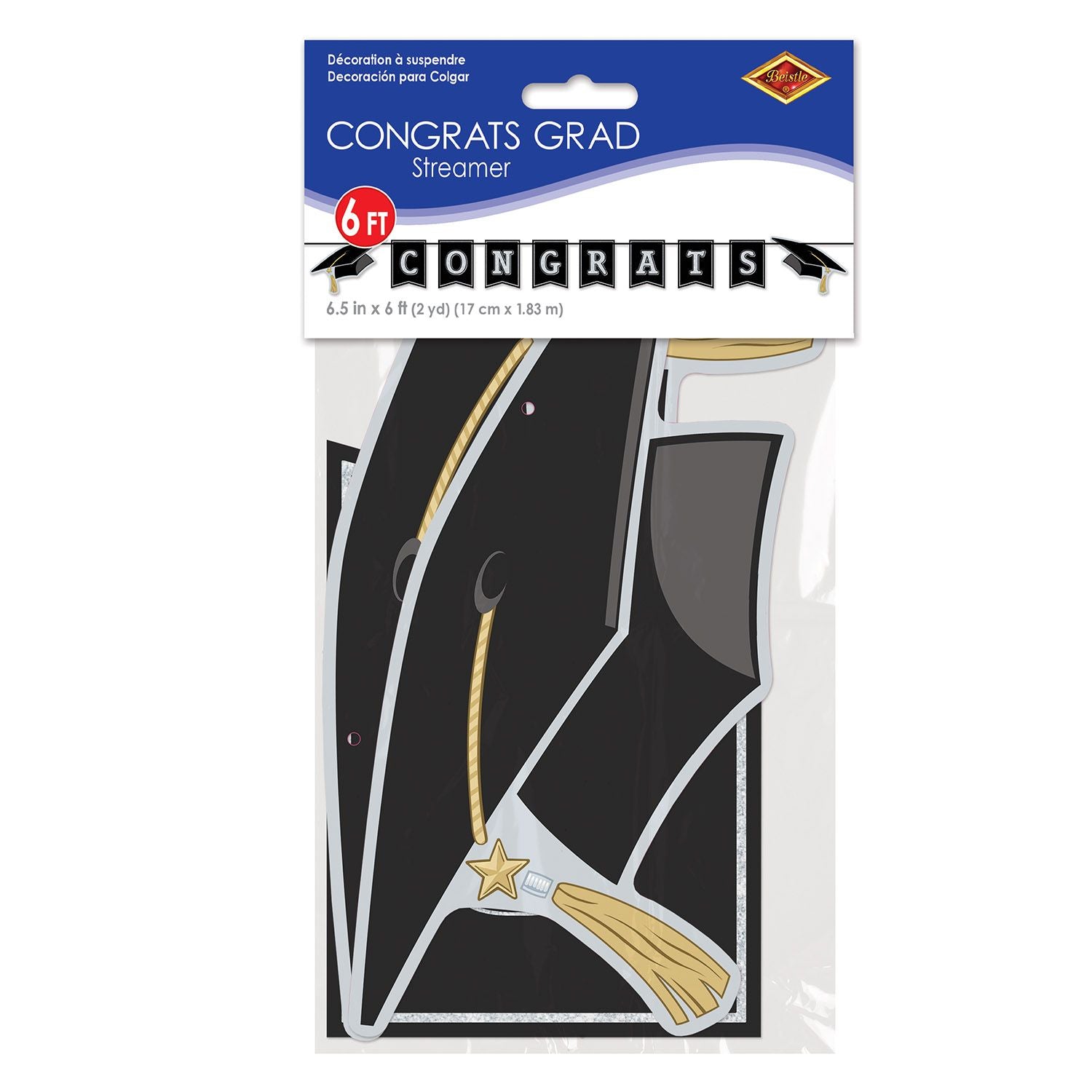 Congrats Grad 6½ inch by 6 foot graduation banner displayed inside retail packaging