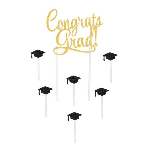 Congrats Grad! Cake Topper 7-Piece Set with Grad Cap Picks