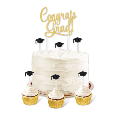 Congrats Grad! Cake Topper 7-Piece Set with Grad Cap Picks