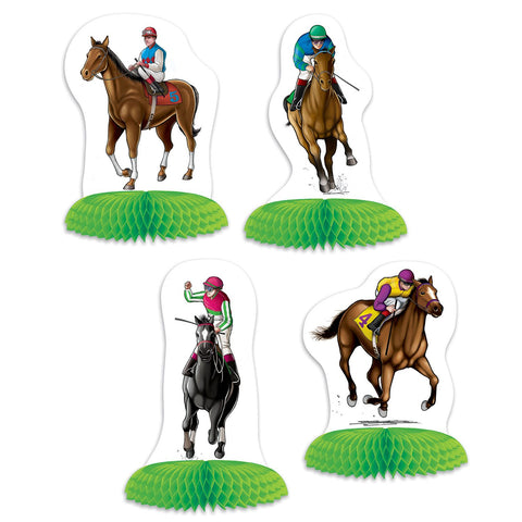 Decorative cutouts of horses and jockeys with green bases on a white background