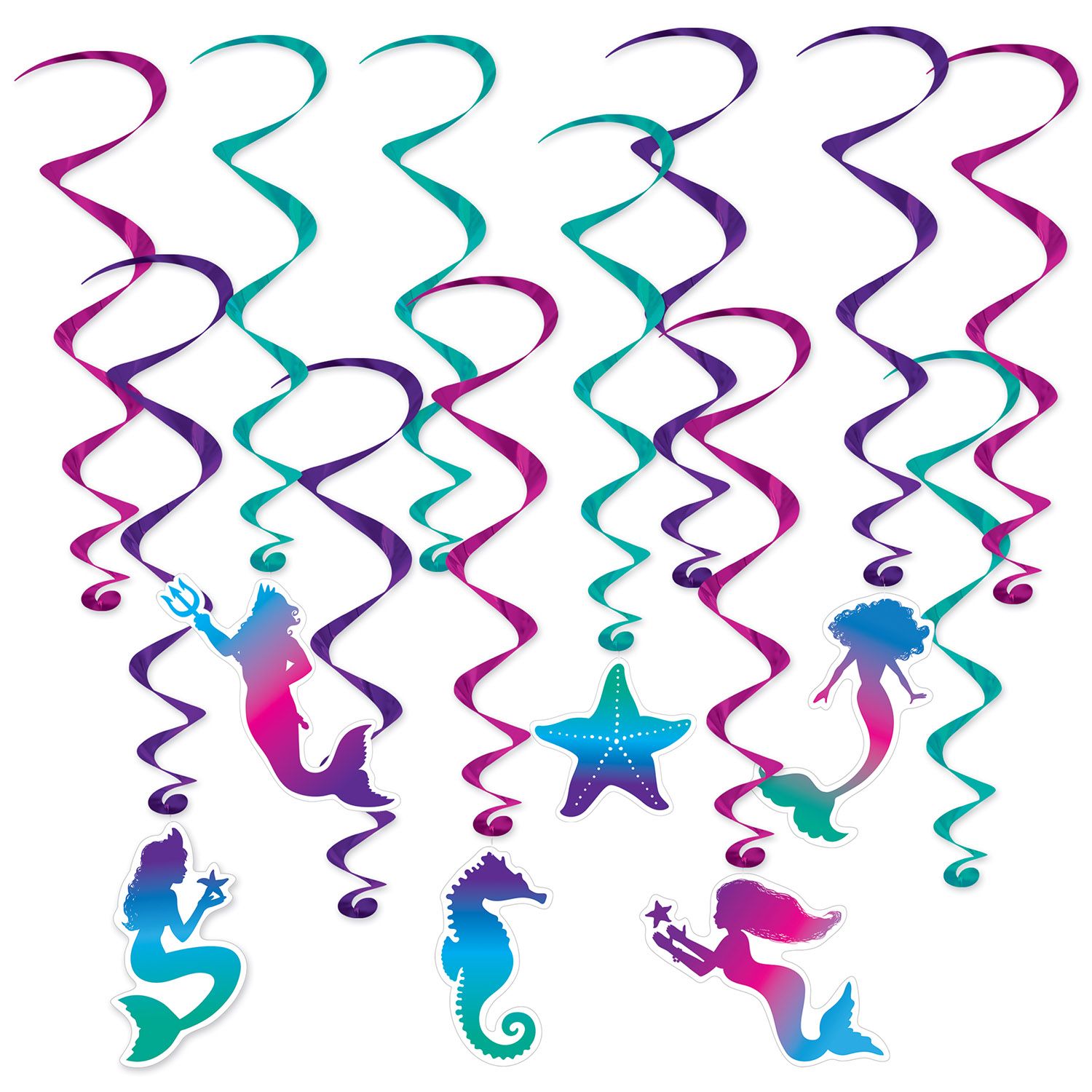 Mermaid whirls with 6 icon designs and 6 plain metallic spirals for mermaid theme party decorations Party Fair Manahawkin NJ