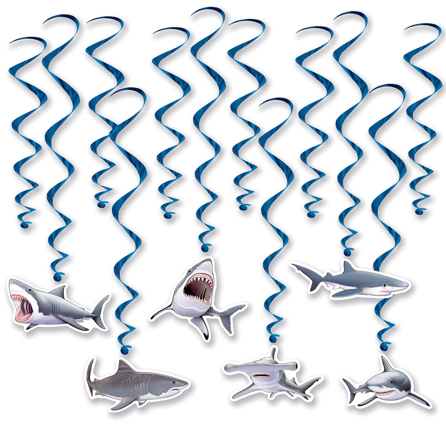 Shark hanging whirls decorations 12 pack with icons and plain spirals Party Fair Manahawkin NJ shark theme decor
