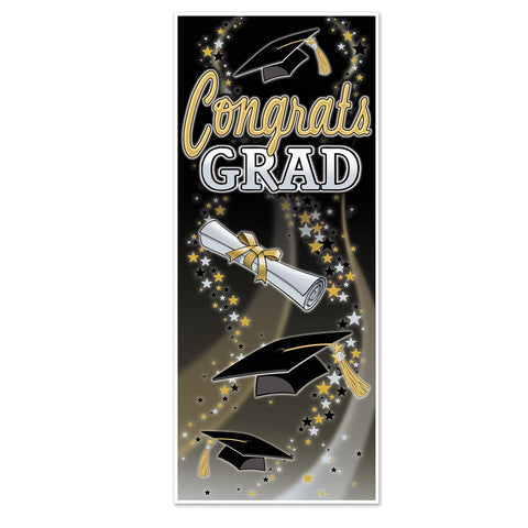 Congrats Grad door cover 6 foot black gold and silver graduation decoration available in Manahawkin, NJ