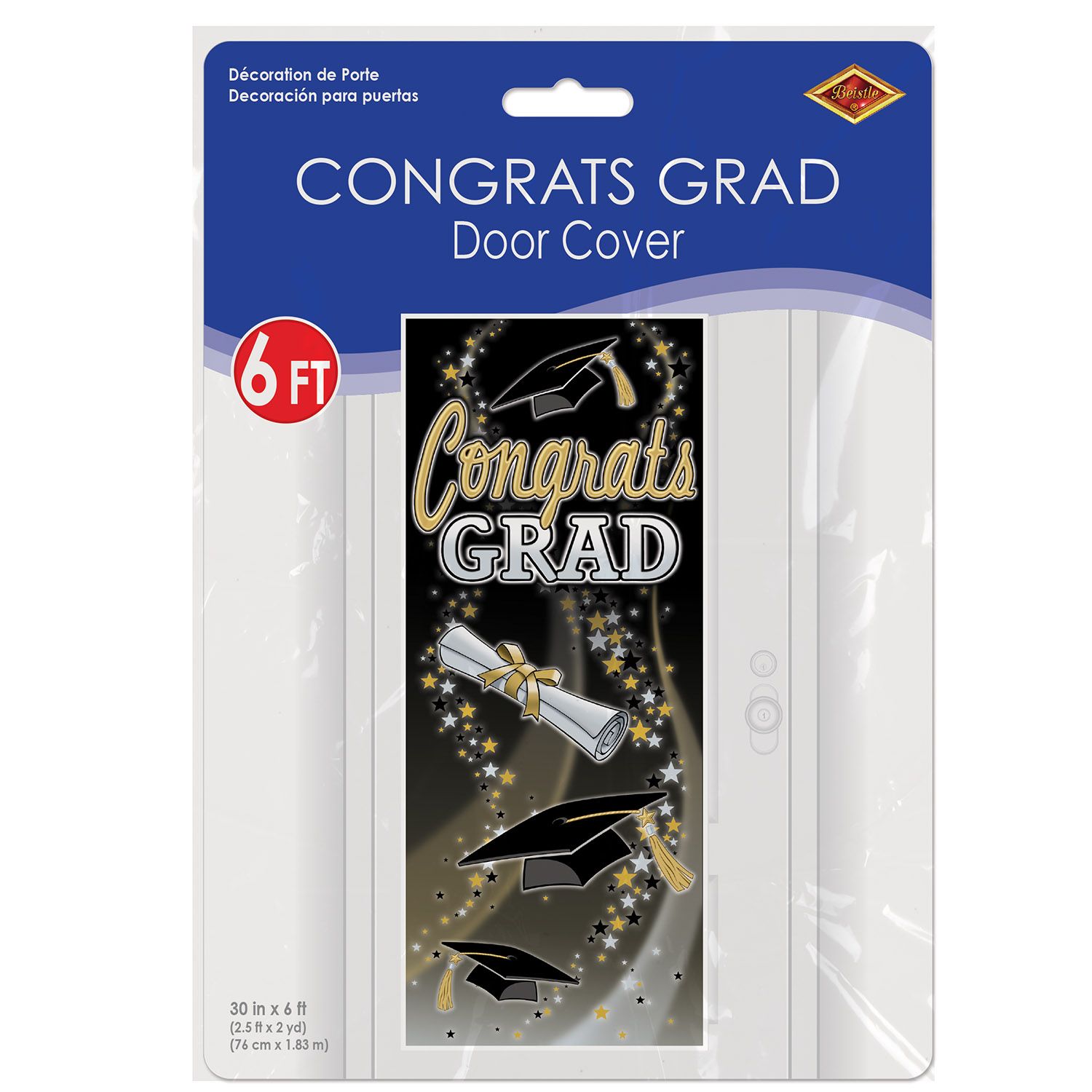 Congrats Grad 6 foot by 30 inch door cover shown inside retail packaging