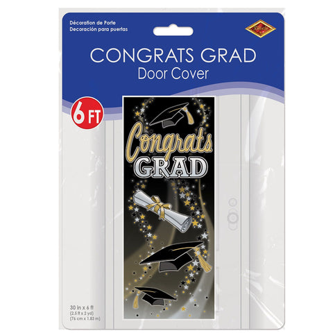 Congrats Grad 6 foot by 30 inch door cover shown inside retail packaging
