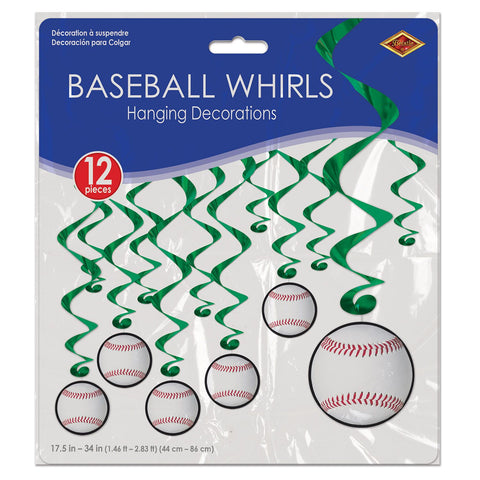 Baseball Hanging Whirls Decorations – 12 Pack with Icons & Green Swirls