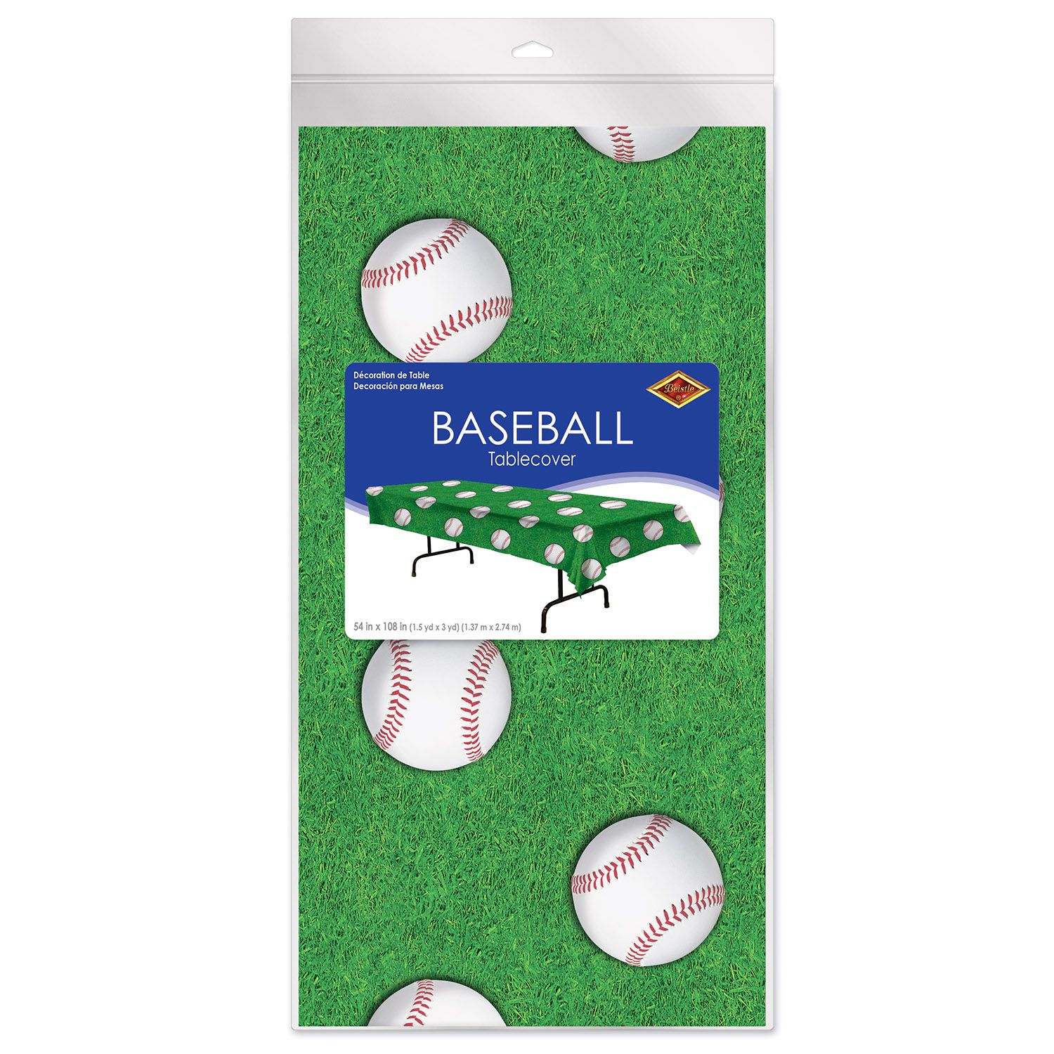 Baseball themed plastic table cover 54 x 108 in retail packaging