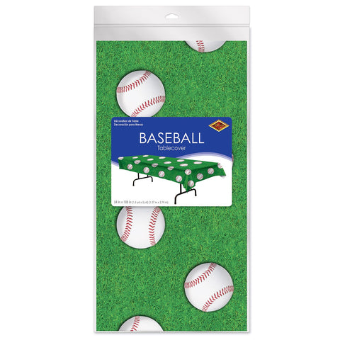 Baseball themed plastic table cover 54 x 108 in retail packaging