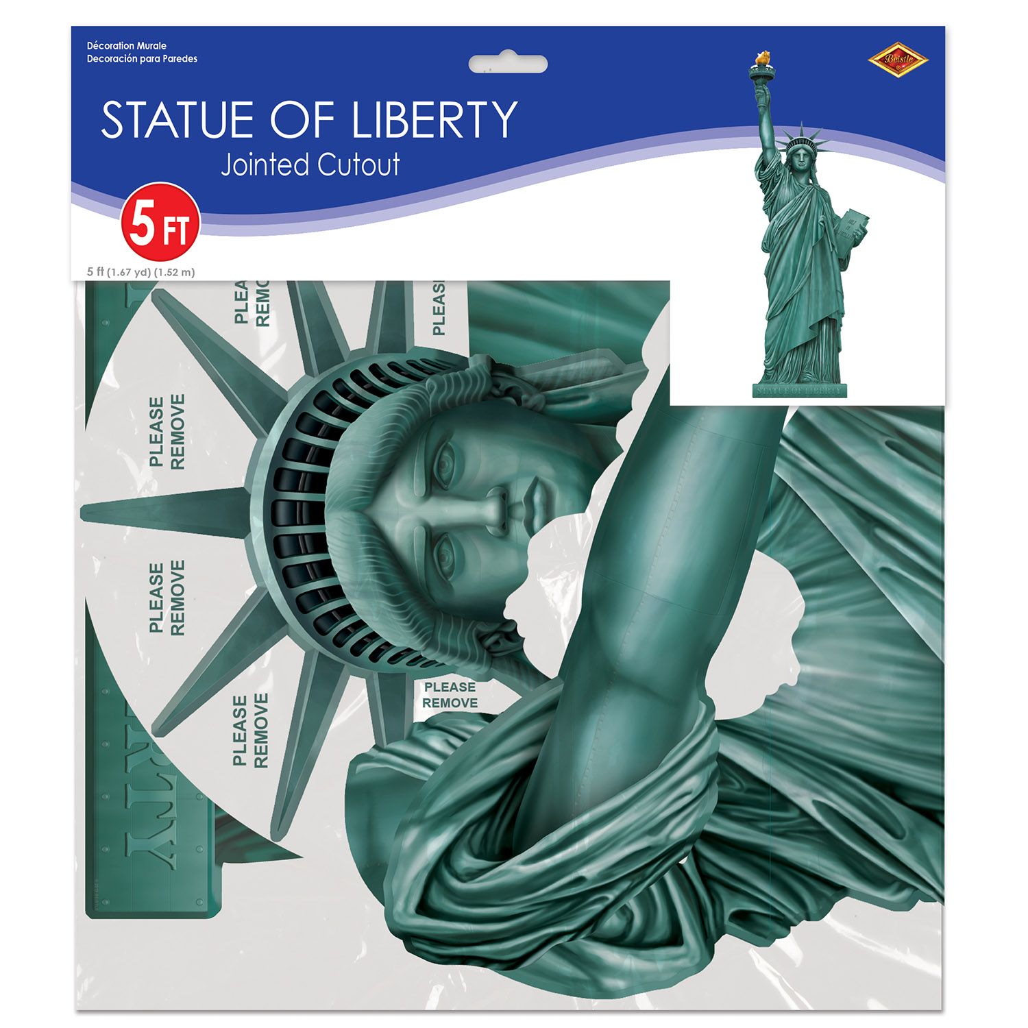 Retail packaging of 5ft jointed Statue of Liberty cutout patriotic hanging decoration