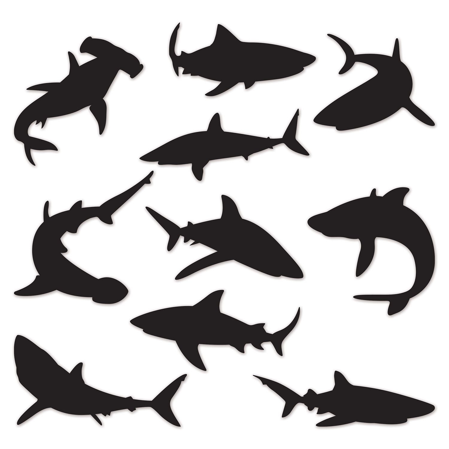 Close-up of shark silhouette cutouts showing detail and shape variety