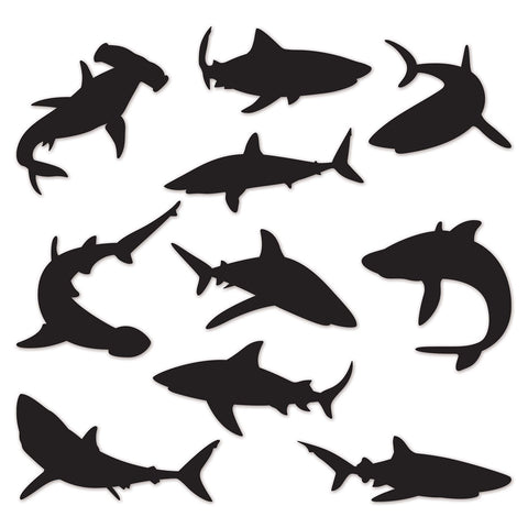 Close-up of shark silhouette cutouts showing detail and shape variety